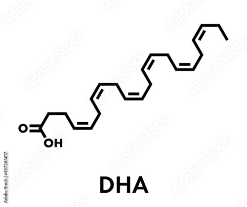 Docosahexaenoic acid (DHA, cervonic acid) molecule. Polyunsaturated omega-3 fatty acid present in fish oil. Skeletal formula.
