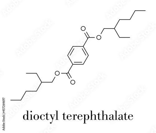 Dioctyl terephthalate (DOTP, DEHT) plasticizer molecule. Phthalate alternative, used in PVC plastics. Skeletal formula.