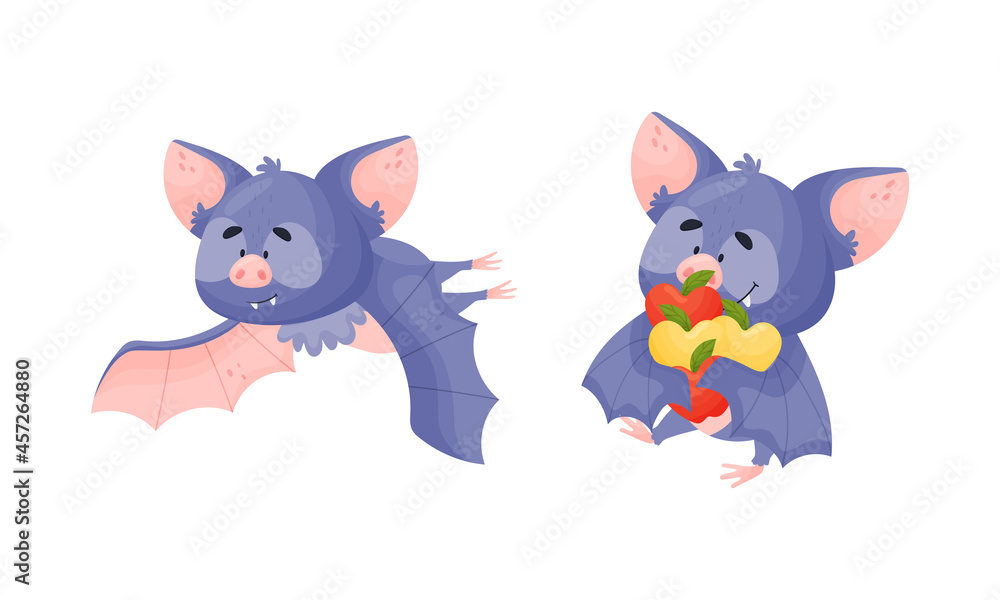Funny Purple Bat Character Carrying Apples and Fluttering Vector Set Funny Purple Bat Character Carrying Apples and Fluttering Vector Set