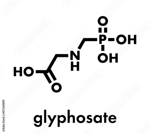 Glyphosate herbicide molecule. Crops resistant to glyphosate (genetically modified organisms, GMO) have been produced by genetic engineering. Skeletal formula.