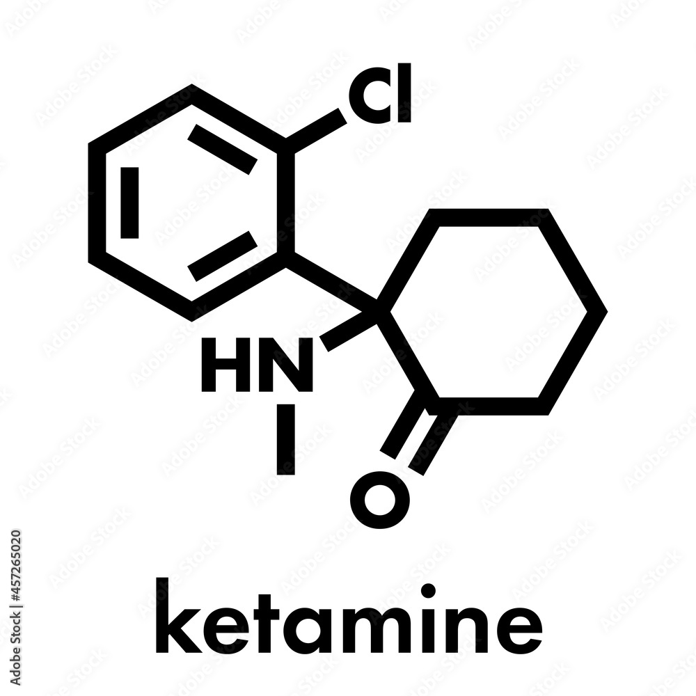 Ketamine anesthetic drug molecule. Used both medically and recreationally. Skeletal formula. Ketamine anesthetic drug molecule. Used both medically and recreationally. Skeletal formula.
