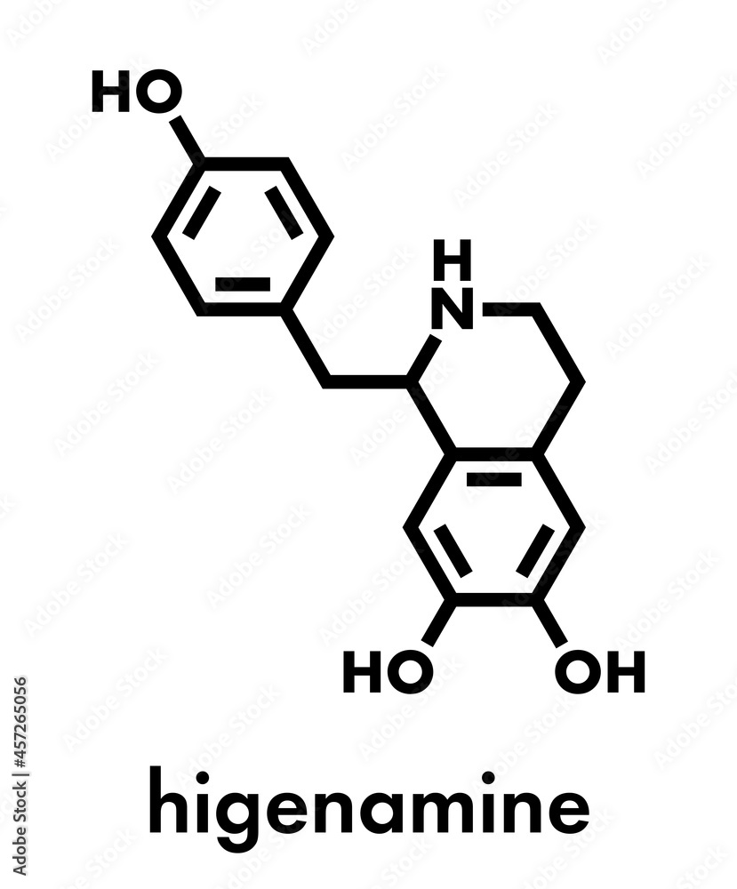 Higenamine herbal molecule. Present in some fat burner food supplements. Skeletal formula. Higenamine herbal molecule. Present in some fat burner food supplements. Skeletal formula.