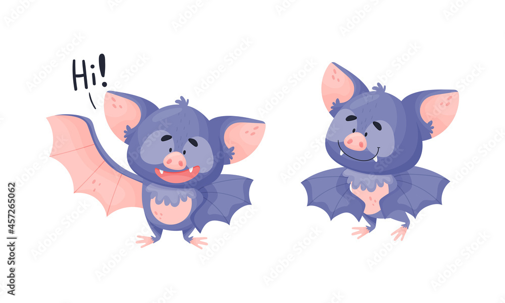 Funny Purple Bat Character Greeting Saying Hi Vector Set