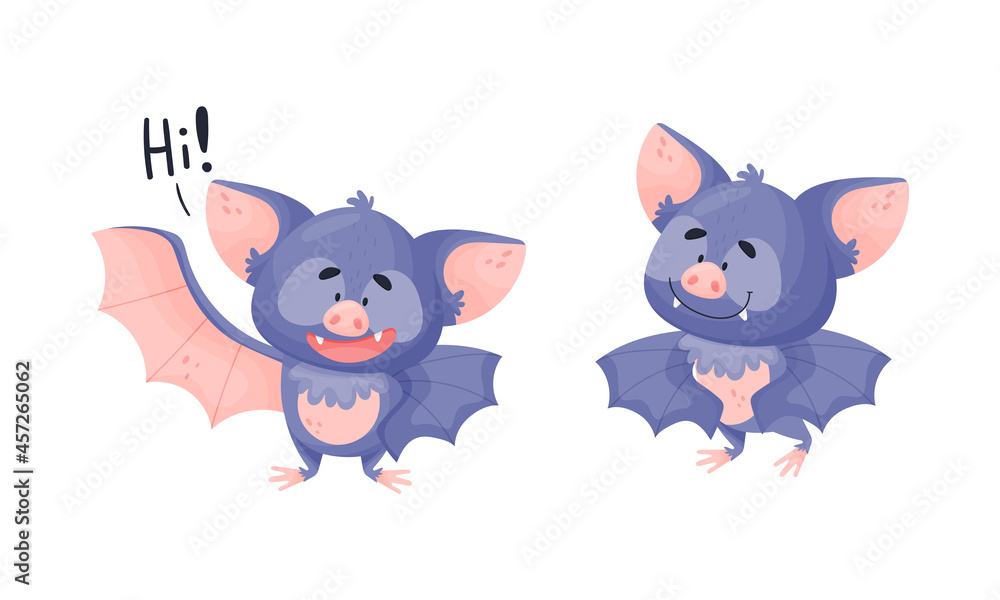 Funny Purple Bat Character Greeting Saying Hi Vector Set Funny Purple Bat Character Greeting Saying Hi Vector Set