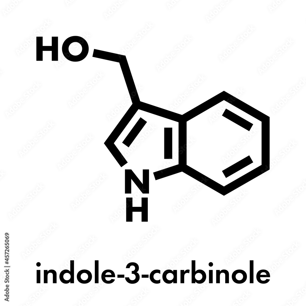 Indole-3-carbinole (I3C) cruciferous vegetable molecule. Present in food prepared with broccoli, cabbage, kale, etc. May have beneficial health effects. Skeletal formula. Indole-3-carbinole (I3C) cruciferous vegetable molecule. Present in food prepared with broccoli, cabbage, kale, etc. May have beneficial health effects. Skeletal formula.