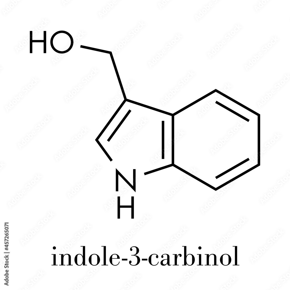 Indole-3-carbinole (I3C) cruciferous vegetable molecule. Present in food prepared with broccoli, cabbage, kale, etc. May have beneficial health effects. Skeletal formula. Indole-3-carbinole (I3C) cruciferous vegetable molecule. Present in food prepared with broccoli, cabbage, kale, etc. May have beneficial health effects. Skeletal formula.