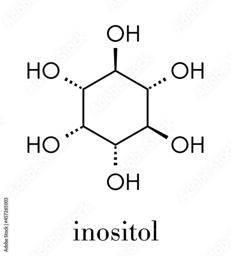 inositol (myo-inositol) molecule. Inositol and its phosphates play essential roles in a number of biological processes. Skeletal formula.