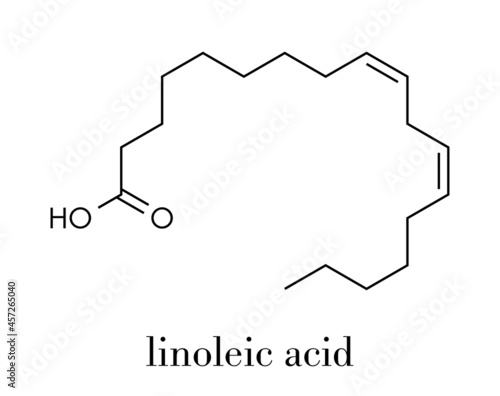 Linoleic acid (LA) molecule. Omega-6 polynsaturated fatty acid. Skeletal formula.