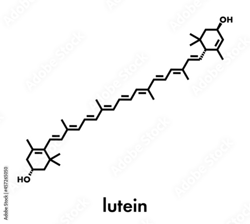 Lutein yellow-orange plant pigment molecule. Used as food and feed additive but also naturally present in many vegetables. Skeletal formula.