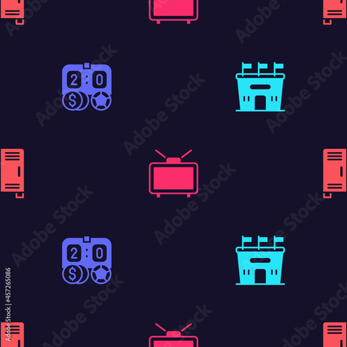 Set Football stadium, betting money, match TV and Locker or changing room on seamless pattern. Vector