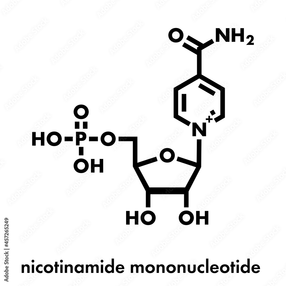 Nicotinamide mononucleotide molecule. Precursor of NAD+. Skeletal formula. Nicotinamide mononucleotide molecule. Precursor of NAD+. Skeletal formula.