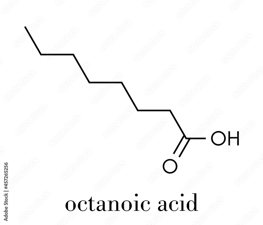 Caprylic (octanoic) acid molecule. Common saturated medium-chain fatty acid. Skeletal formula. Caprylic (octanoic) acid molecule. Common saturated medium-chain fatty acid. Skeletal formula.