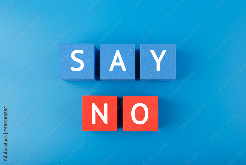 Say no or negative answer minimal concept in blue colors. Say no to violence, toxic people, discrimination, agism and other negative factors Say no or negative answer minimal concept in blue colors. Say no to violence, toxic people, discrimination, agism and other negative factors