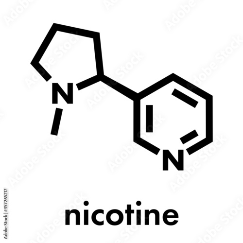 Nicotine tobacco stimulant molecule. Main addictive component in cigarette smoke. Skeletal formula.