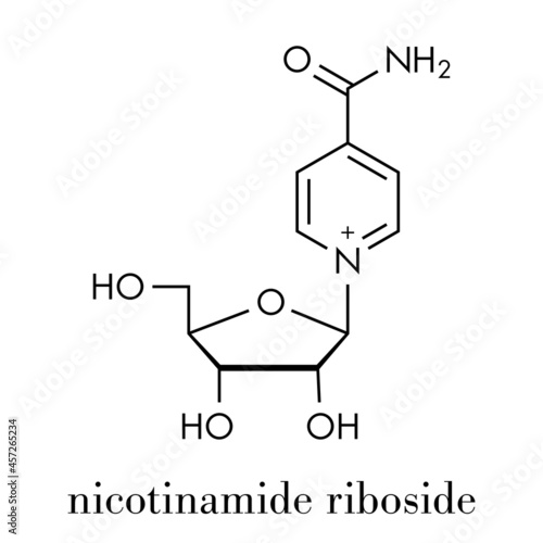 Nicotinamide riboside (NR) molecule. Precursor of nicotinamide adenine dinucleotide (NAD).  Skeletal formula.