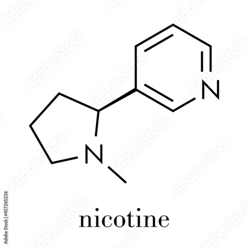 Nicotine tobacco stimulant molecule. Main addictive component in cigarette smoke. Skeletal formula.