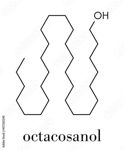 Octacosanol plant wax component molecule. long chain fatty alcohol, present in e.g. the waxy cover of eucalyptus leaves. Main constituent of policosanol nutritional supplement. Skeletal formula.