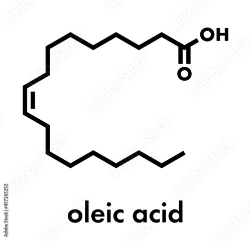 Oleic acid (omega-9, cis) fatty acid. Common in animal fats and vegetable oils. Its salt, sodium oleate, is often used in soap. Skeletal formula.