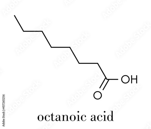 Caprylic (octanoic) acid molecule. Common saturated medium-chain fatty acid. Skeletal formula.
