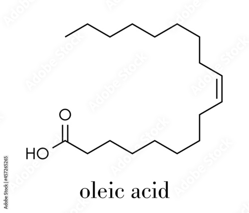 Oleic acid (omega-9, cis) fatty acid. Common in animal fats and vegetable oils. Its salt, sodium oleate, is often used in soap. Skeletal formula.