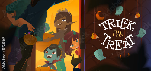 Halloween Evening Time with Children. Trick or Treat