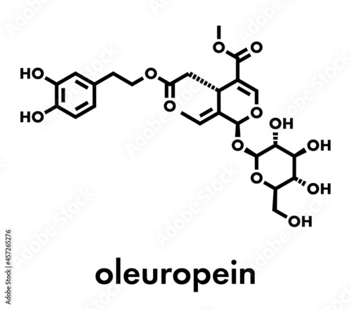 Oleuropein olive component molecule. In part responsible for pungency of virgin olive oil, may have beneficial properties. Skeletal formula.