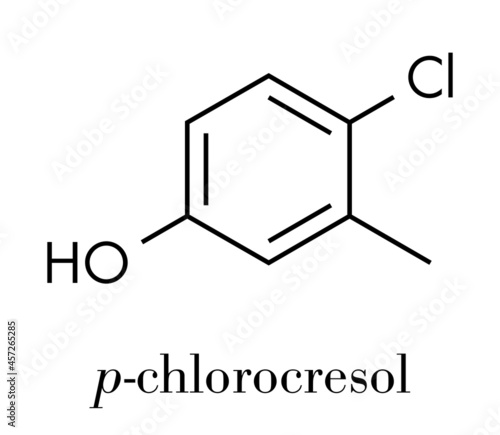 Chlorocresol (p-chlorocresol) antiseptic and preservative molecule. Skeletal formula.