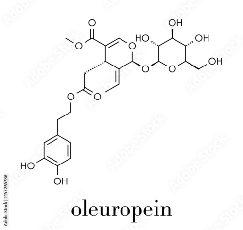 Oleuropein olive component molecule. In part responsible for pungency of virgin olive oil, may have beneficial properties. Skeletal formula.