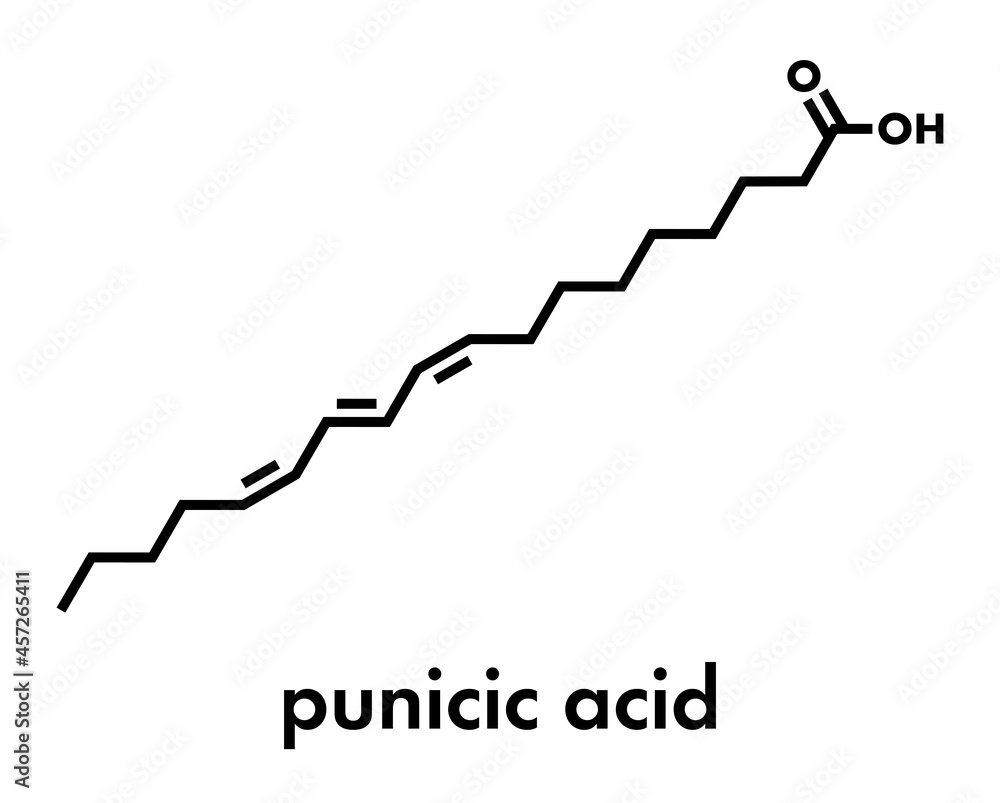 Punicic acid (trichosanic acid) molecule. Fatty acid present in pomegranate (Punica granatum). Skeletal formula. Punicic acid (trichosanic acid) molecule. Fatty acid present in pomegranate (Punica granatum). Skeletal formula.
