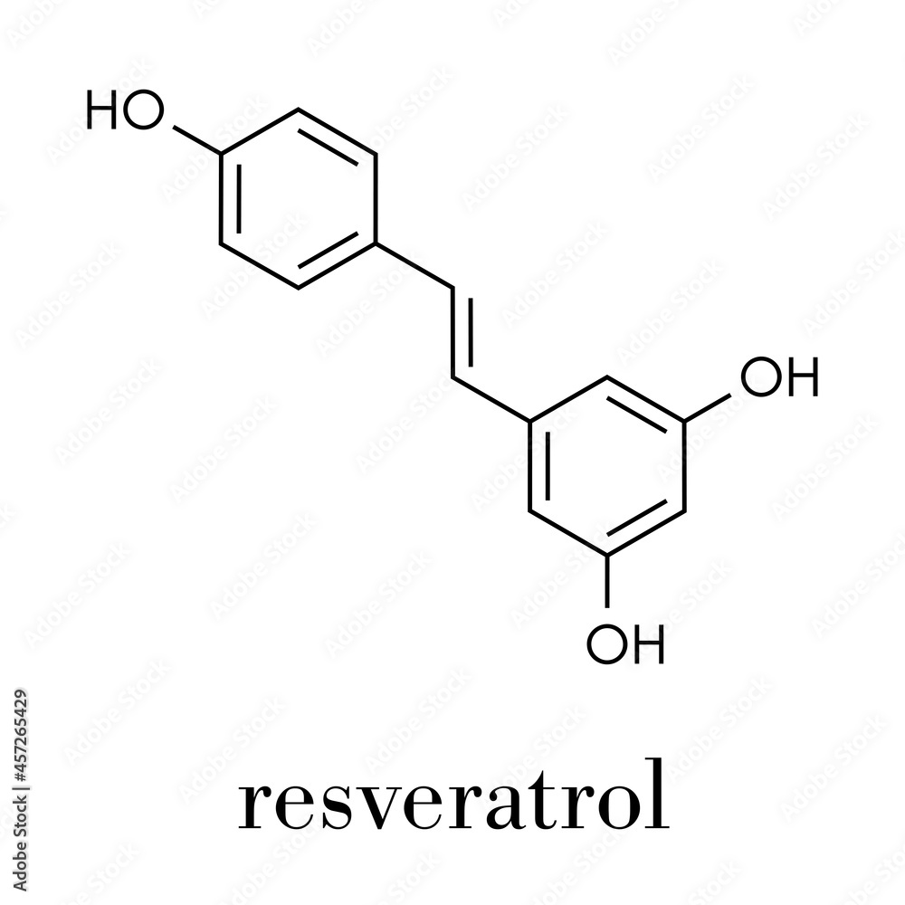 Resveratrol molecule. Present in many plants, including grapes and raspberries. Believed to have a number of positive health effects. Skeletal formula. Resveratrol molecule. Present in many plants, including grapes and raspberries. Believed to have a number of positive health effects. Skeletal formula.