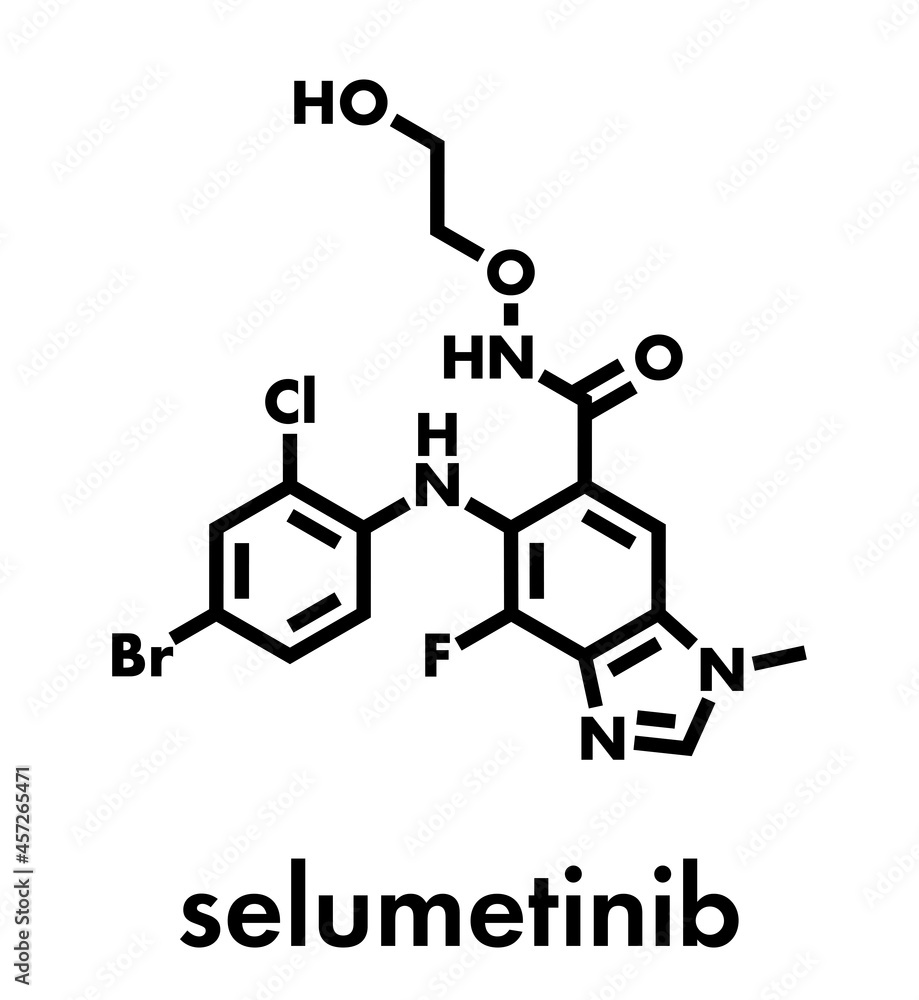 Selumetinib cancer drug molecule (MEK1 and MEK2 inhibitor). Skeletal formula. - obrazy, fototapety, plakaty 
