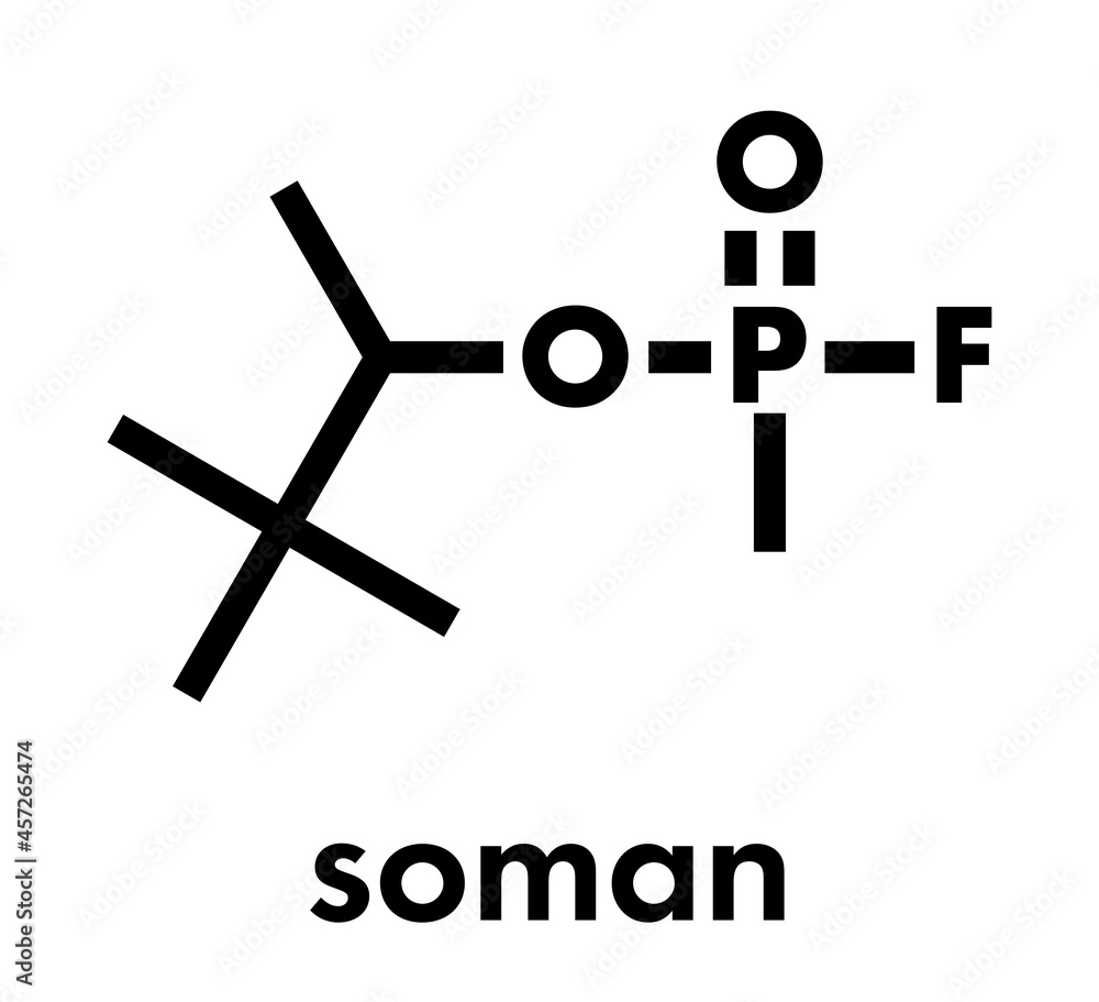 Soman nerve agent molecule (chemical weapon). Skeletal formula. Soman nerve agent molecule (chemical weapon). Skeletal formula.