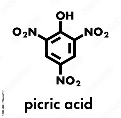 Picric acid (2,4,6-trinitrophenol) explosive molecule. Skeletal formula.