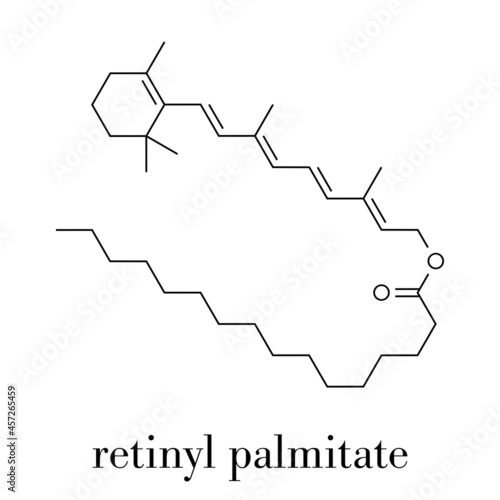 Retinyl palmitate vitamin supplement molecule. Ester of vitamin A (retinol) and palmitic acid. Skeletal formula.