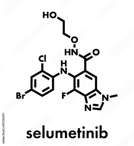 Selumetinib cancer drug molecule (MEK1 and MEK2 inhibitor). Skeletal formula.