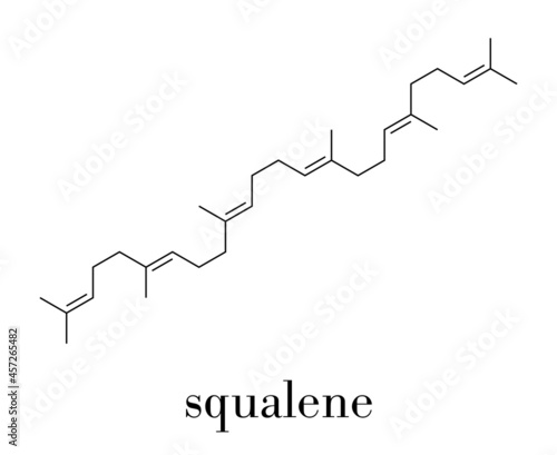 Squalene natural hydrocarbon molecule. Found in shark liver oil and number of plant sources. Skeletal formula.