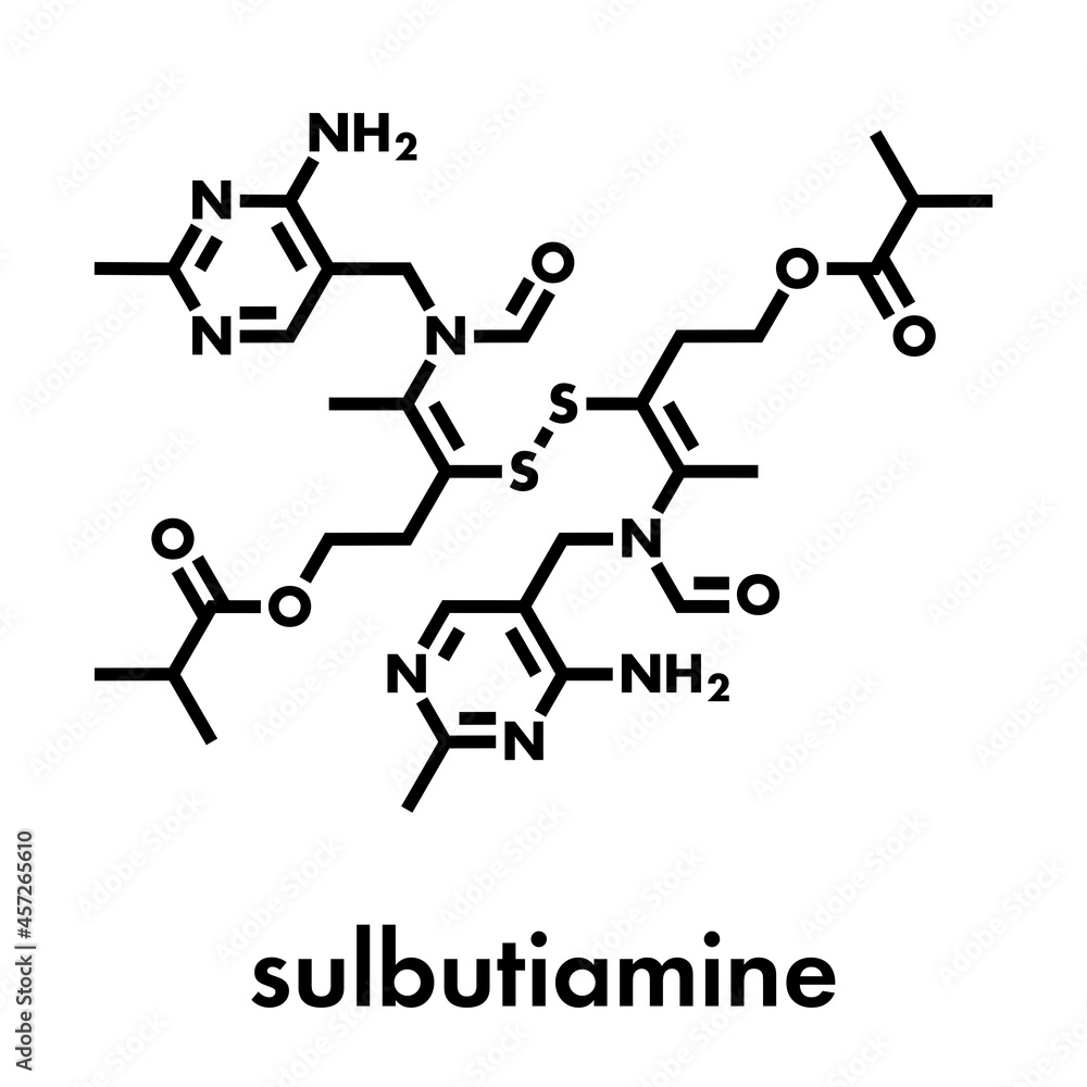 Sulbutiamine asthenia drug molecule. Also used in nutritional supplements. Skeletal formula. Sulbutiamine asthenia drug molecule. Also used in nutritional supplements. Skeletal formula.