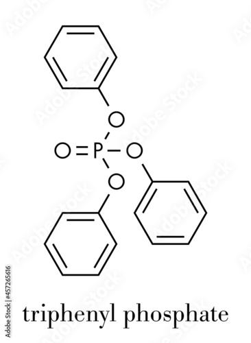 Triphenyl phosphate molecule. Used as flame retardant and plasticizer. Skeletal formula.