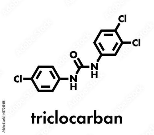 Triclocarban antibacterial agent molecule. Often used in antibacterial soaps and lotions. Skeletal formula.