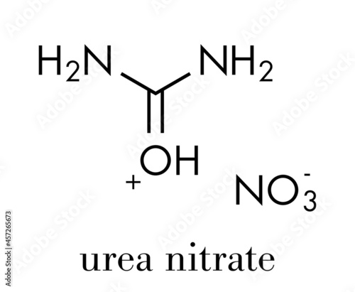 Urea nitrate high explosive molecule. Prepared by reacting urea with nitric acid and commonly used in improvised explosive devices (IEDs). Skeletal formula.