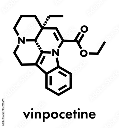 Vinpocetine molecule. Semisynthetic vinca alkaloid derivative  used as drug and as dietary supplement. Skeletal formula.