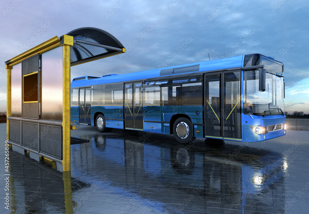 Modern comfortable city bus on the asphalt road. Electric eco bus
