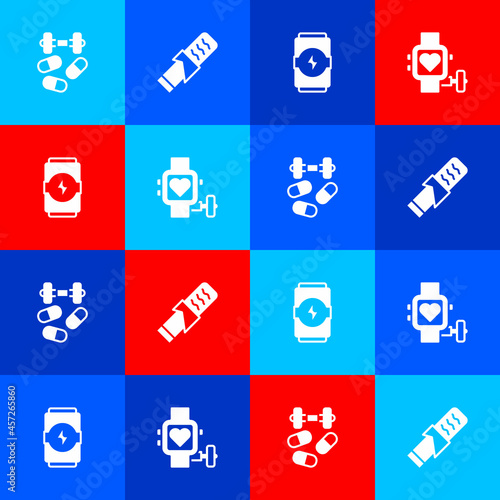 Set Sports doping with dumbbell, Protein sport bar, Energy drink and Smart watch heart icon. Vector