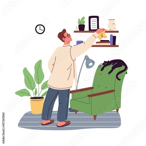 Man wiping dust from book shelves and furniture at home. Tidy person cleaning room with duster. Human making cleanup, keeping house clean using cloth. Flat vector illustration isolated on white