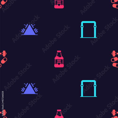 Set Sport horizontal bar, Metal rack with weight, Vitamins and Sports doping dumbbell on seamless pattern. Vector