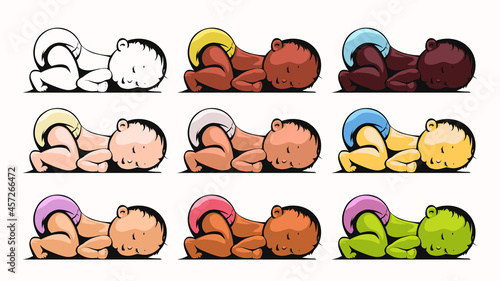 multiracial group of sleeping kids on white