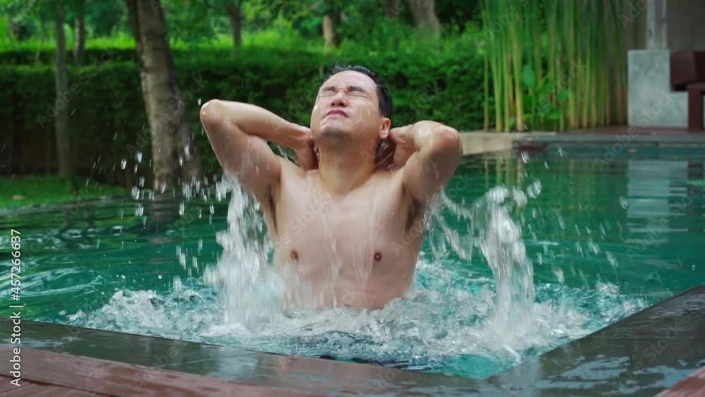 slow-motion of young man splashing water with his head slow-motion of young man splashing water with his head