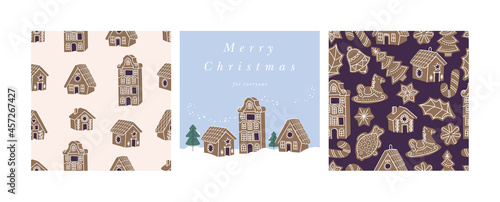 Vector illustartion design for Christmas greetings card. Collection of gingerbread houses. Cute naive christmas honey-cakes. Seamless pattern.