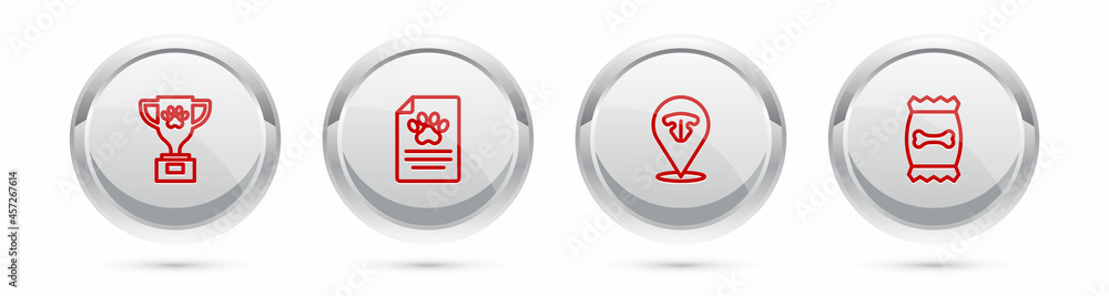Set line Pet award, Clinical record pet, Cat nose and Bag of food for. Silver circle button. Vector Set line Pet award, Clinical record pet, Cat nose and Bag of food for. Silver circle button. Vector