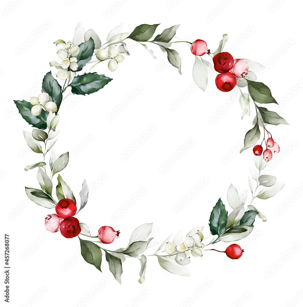 Christmas wreath with berries in a watercolor style